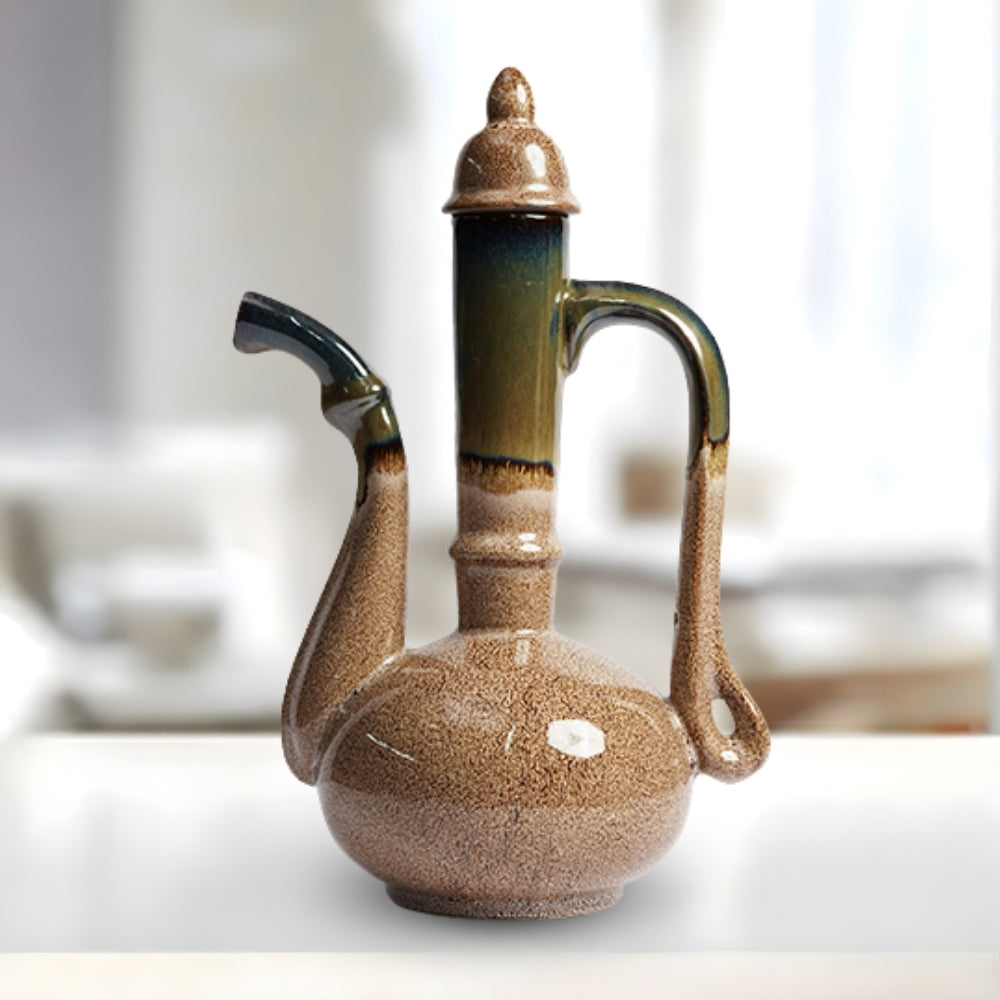 oriental brown and green ceramic decorative pitcher for home décor and display with elegant traditional design